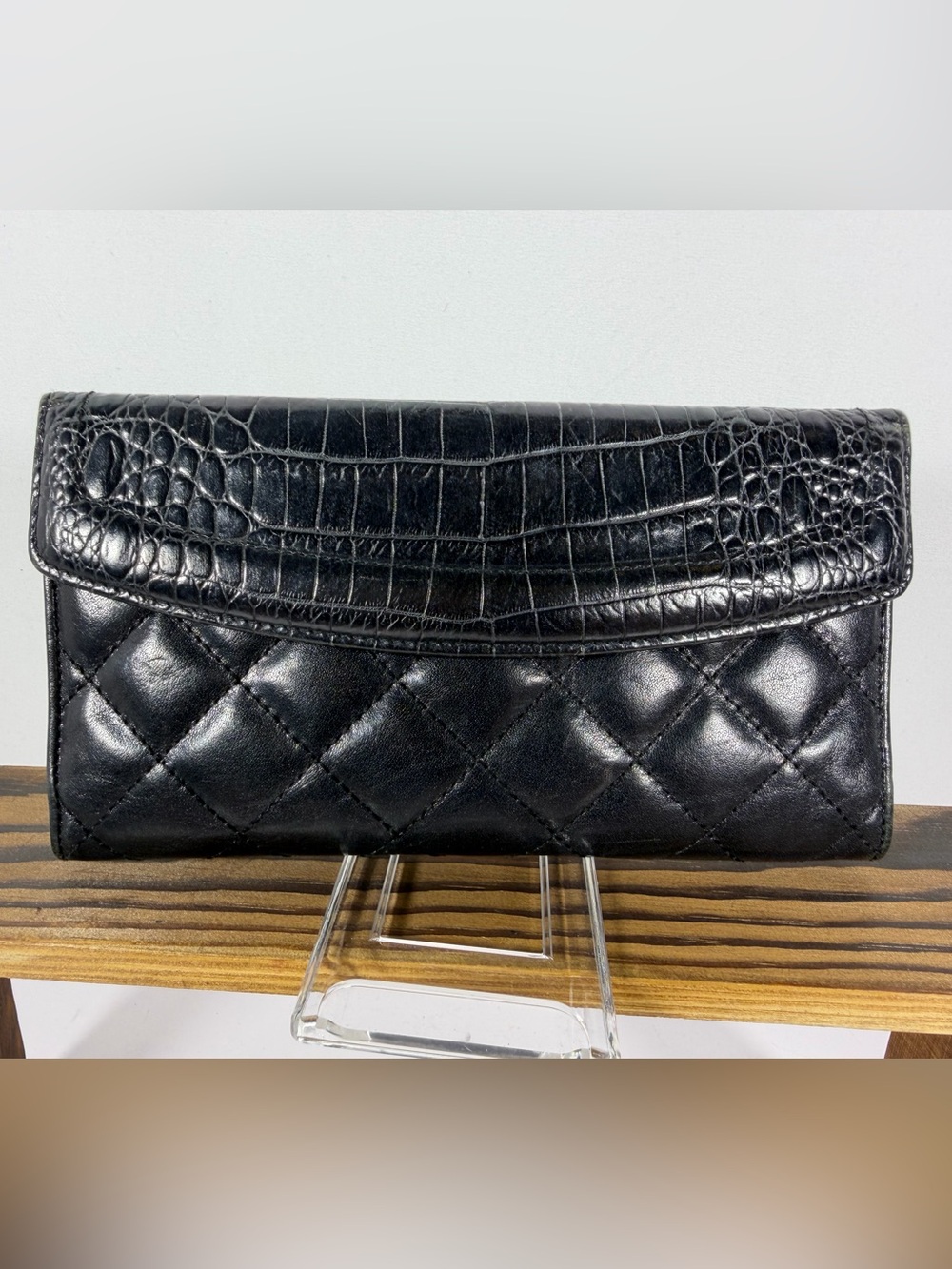 2158: Brahmin Black Quilted Leather Croc Embossed Continental Wallet